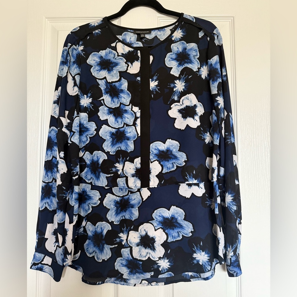 Lord & Taylor Navy Blue Floral Long-Sleeve Blouse